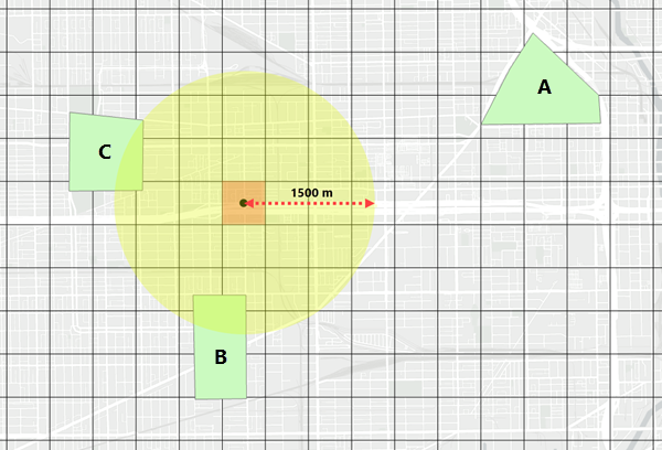 Beispiel für Zusammenfassungsradius mithilfe von Quadratabschnitten Beispiel für Zusammenfassungsradius mithilfe von Quadratabschnitten