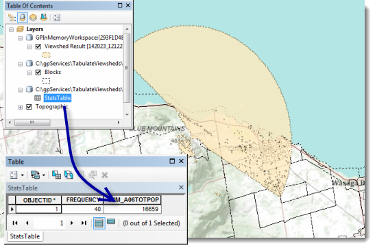 Das resultierende Sichtfeld von Esri SampleServer1 mit der ermittelten Bevölkerung Das resultierende Sichtfeld von Esri SampleServer1 mit der ermittelten Bevölkerung